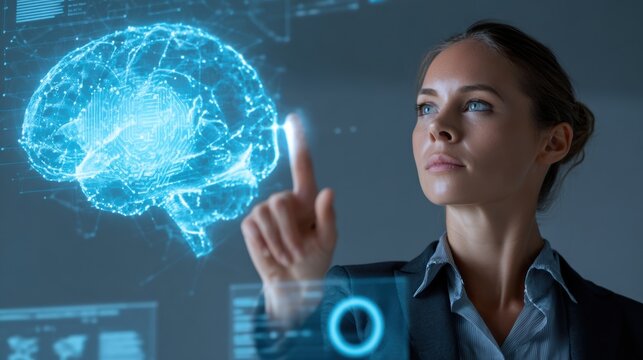 A businesswoman interacts with a digital brain interface, representing innovation and technology in modern workplaces.