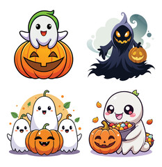 Cute cartoon ghosts and halloween characters for spooky season designs