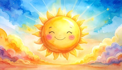 Cheerful sun smiling in a watercolor sunrise sky