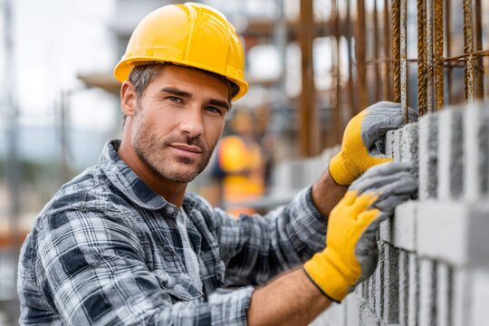 Construction worker wearing hard hat building wall