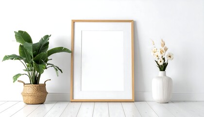 Light wood frame mockup against white wall, flanked by potted plant and vase of flowers