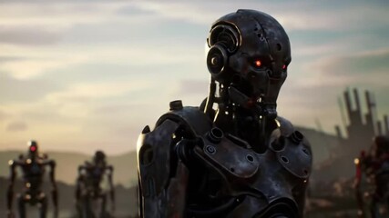 A metallic robot stands among its kind, piercing red eyes glowing against a hazy, muted landscape under a cloudy sky - Powered by Adobe