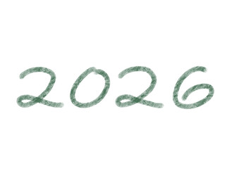 2026. Hand-drawn, textured script lettering in dark green. A creative and modern design for New Year, calendar, and future date graphics.