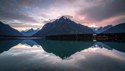 Dramatic mountain landscape with tranquil lake mirroring the peaks, serene clouds, and a vibrant sunset palette illuminating the scene.