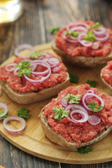 Traditional German sandwiches with minced meat Mettbroetchen