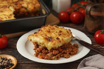 A shepherd's pie, freshly backed and ready to be served. Traditional English dish	