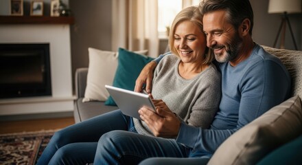 Couple using tablet together at home on sofa in living room