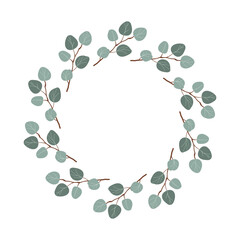 Eucalyptus Leaves Wreath Elegant Natural Greenery Design Round Floral Arrangement Botanical Decor . Hand drawn flat vector illustration isolate on white .