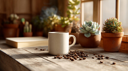 White ceramic cup on wooden table with scattered coffee beans. In the background are green succulents in pots and a notebook