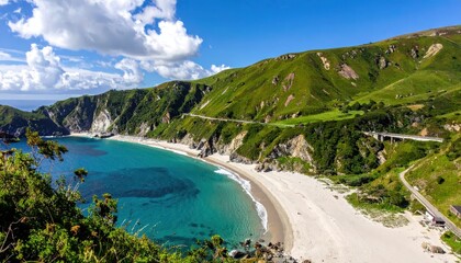 Lush green mountains meet the turquoise ocean waters and sandy beach in this breathtaking landscape, creating a scenic coastal view under a vibrant blue sky dotted with fluffy white clouds, a...