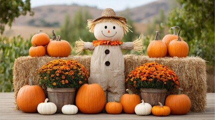 Scarecrow with pumpkins and mums decorating for autumn harvest