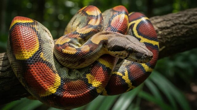 Colorful Ball Python Coiled Around Branch in Natural Jungle Environment