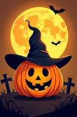 Spooky halloween jack o lantern grinning under a giant full moon with bats flying