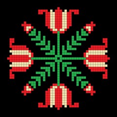 Tulips, a symmetrical floral pattern in red, green, and black. The designs are suitable for weaving, cross-stitching, or knitting.