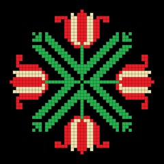 Tulips, a symmetrical floral pattern in red, green, and black. The designs are suitable for weaving, cross-stitching, or knitting.
