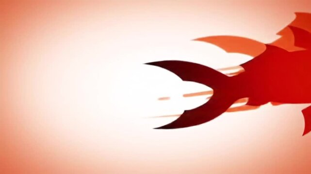 Cartoonish fish silhouettes swim against a soft orange-pink gradient background, creating a simple, stylized aquatic scene