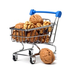 Miniature shopping cart filled with walnuts, one walnut rests beside it on a white background