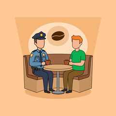 A police officer enjoying coffee with a civilian at a coffee shop. Perfect for celebrating National Coffee with a Cop Day on October