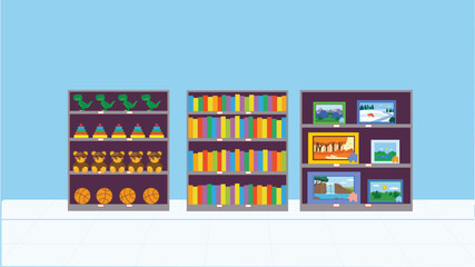 Bookshelves with different books and images. Vector illustration in flat style