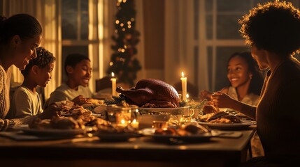 Family Thanksgiving Dinner Celebration with Festive Decor and Turkey