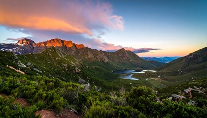 Naklejka premium Panoramic mountain vista at sunrise