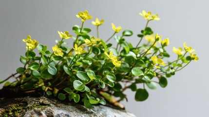 Fresh Green Plant with Yellow Flowers Growing on Rock Surface