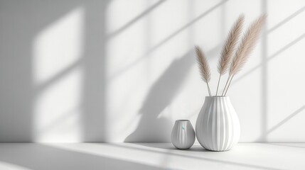 Elegant Modern Vases with Dried Grass on Minimalist Background
