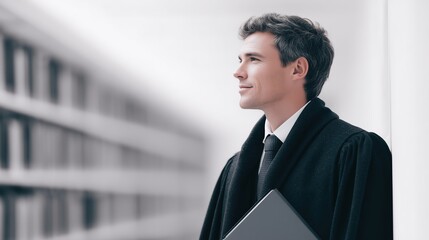 Confident young man in formal attire, wearing a black robe, stands thoughtfully in a modern legal library, holding a folder, embodying professionalism and determination in the legal field