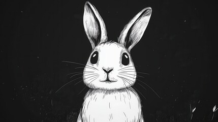 Cute Rabbit Illustration on Dark Background in Black and White Style