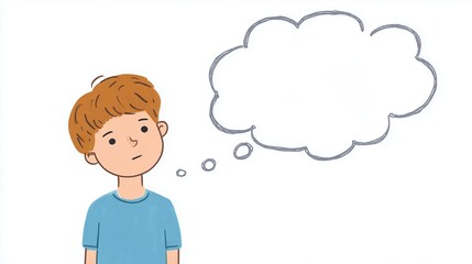 Young boy with brown hair is standing thoughtfully, looking up with a blank thought bubble above his head, illustrating imagination and contemplation in a playful style
