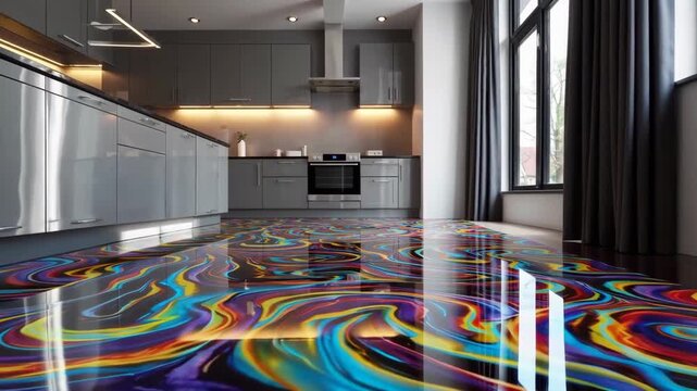 Innovative epoxy floor design in modern kitchen with vibrant colors and patterns.