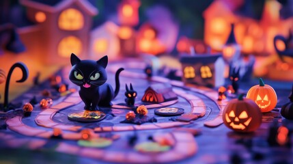 Enchanting Halloween Scene with Cat, Pumpkins, and Spooky Village