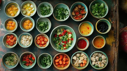 Colorful Array of Fresh Ingredients in Small Bowls on Table