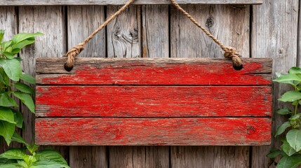 Blank red wooden sign hanging on weathered fence