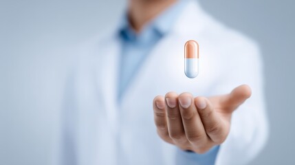 Medical professional in a white coat is presenting a floating capsule above an open hand, illustrating the concept of healthcare and pharmaceutical innovation in a clinical setting