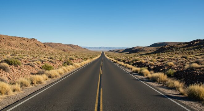 Open road perspective through desert landscape with clear blue sky horizon and central perspective vanishing point