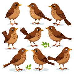 Nine brown birds in various poses, two sprigs of leaves