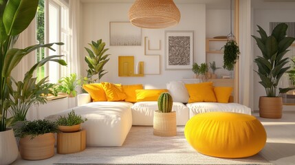 Bright and Cozy Living Room with Yellow Accents and Green Plants