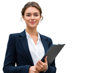 Young business woman in suit holding a clipboard isolated on white background.