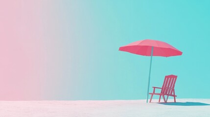 Relaxing beach scene with pink umbrella and wooden chair on sand