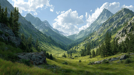 Fototapeta premium Panoramic view of a green mountain valley with pine forest.