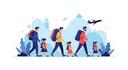 Fototapeta premium Families Traveling with Backpacks and Airplane Illustration.