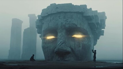 Ancient colossal head statue with glowing eyes in a foggy, desolate landscape, with small human figures interacting with it, footage. - Powered by Adobe