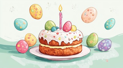 Colorful Easter Cake Surrounded by Brightly Decorated Eggs