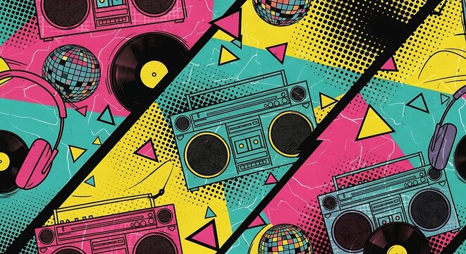 Electric 80s Beat A Pop Art Collage of Boomboxes Vinyl and Disco Balls.