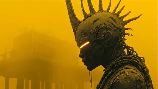 Futuristic african american woman in cyberpunk attire overlooking a dystopian city in yellow fog, digital sci fi world footage.