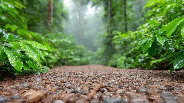 Pathway through the Rainforest: A mesmerizing shot of a gravel path winding through the heart of a vibrant rainforest, enveloped by lush, emerald foliage and a sense of unspoiled wilderness.