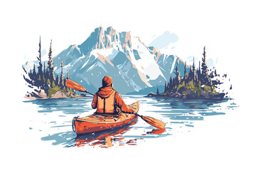 Man in Life Vest Kayaking in Mountain Landscape adult isolated