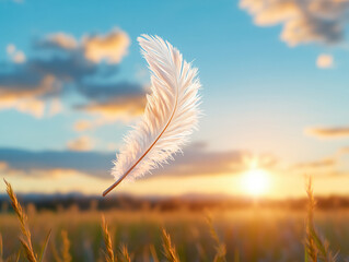 Showcasing a transparent feather gracefully floating against a serene sunset sky background.
