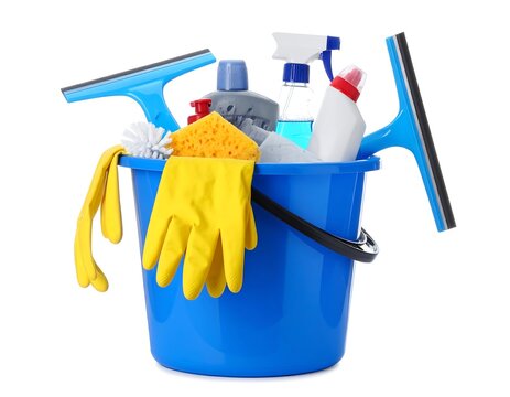 Cleaning supplies in a blue bucket, including squeegees, gloves, and cleaning solutions, isolated on white